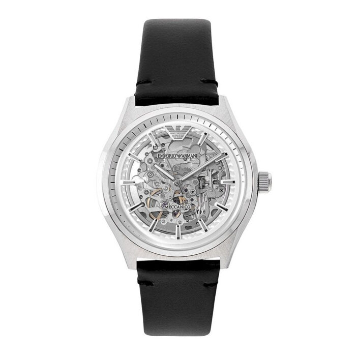 Emporio Armani Meccanico White Skeleton Dial Black Leather Strap Watch For Men - AR60003 - Image 7